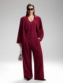 LYSMO 大码纯色有领背心和裤子套装 - 酒紅色 - 查看 4