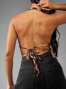 MISSGUIDED Áo hai dây cổ yếm họa tiết da báo đính đá lấp lánh, thích hợp cho tiệc tối, câu lạc bộ, lễ hội - Nhiều màu - Xem 5
