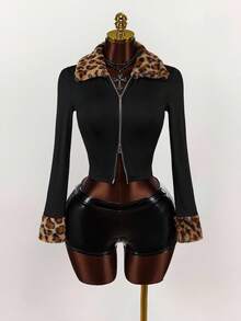 Amplova Women's Spring & Autumn Leopard Print Panel Fleece Lapel Long Sleeve Zip Front Fitted Jacket - Black - View 3