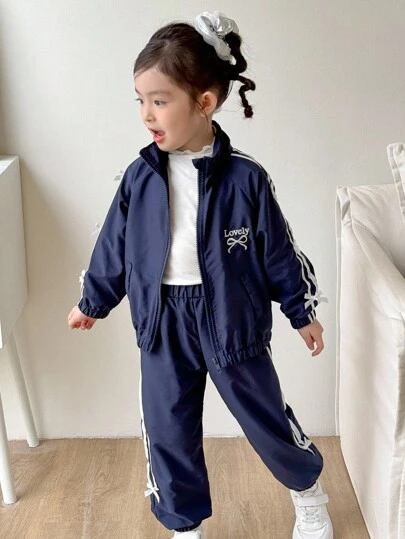 Genkimix Kids 2件套 女童春秋新款风衣套装 面料蝴蝶结刺绣 休闲时尚蝴蝶结丝带装饰 高领拉链上衣和裤子 可爱甜美秋冬装