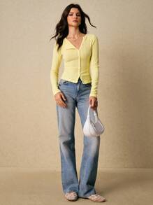 Poéselle Women's Casual Solid Color Front Button T-Shirt,Fall Tops,Winter Tops,Business Casual Woman,Office Outfits For Women,Old Money Style Women,Classy Outfits For Women, Fall Clothes For Women,Winter Clothes For Women - Yellow - View 2