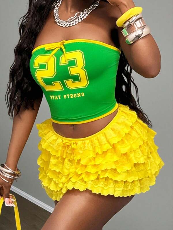 Slaydiva 2025 Autumn And Winter New Arrivals, Women's Fall/Winter Clothes, Halloween, Casual Street Sports, Sweet Y2K Tube Top With Contrast Edge, Green 23 Digital Printing Short Vest + Multi-Layer Lace Cake Skirt, Yellow Plus Size Lounge Sets