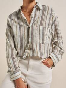 Airaco 女士休闲宽松条纹落肩长袖单排扣衬衫，秋季 - 彩色 - 查看 5