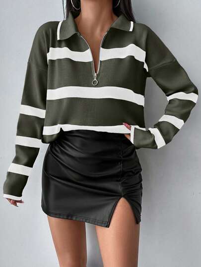 EURMUSE Suéter feminino casual solto listrado com zíper e lapela caída, outono