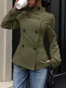Muchica 女式梭织纯色长袖双排扣休闲风衣，秋季 - 軍綠色 - 查看 5
