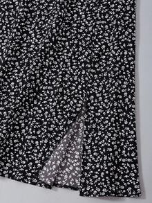 EMERY ROSE 2pcs Set: Casual Solid Color Bodysuit & Ditsy Floral Split Skirt, Autumn Fall Cloth For Women - Black - View 6