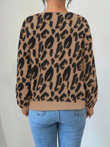 SHEIN Elenzya 女式豹纹撞色蝴蝶结休闲灯笼袖V领开衫，秋冬 - 駝色 - 查看 2