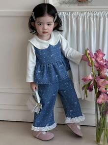 DAZY 2pcs Baby Girls' Casual Butterfly Print Denim Set, Crew Neck Fall/Winter Toddler Girls Clothes - Blue - View 8