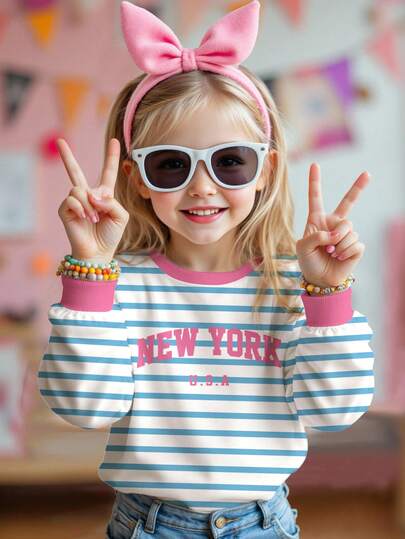 SHEIN Happikins Chic Dopamine Striped, Young Girl Casual Minimalist "NEW YORK" Letter Loose Fit Crew Neck Comfortable Long Sleeve Sweatshirt, Suitable For Autumn/Winter, Autumn Outfits , Easy Comfort, Autumn Layers For Girls, Stylish Girls, Casual Wear, Kids Graphic Sweatshirt, Back To School, Fall Clothes, Homecoming