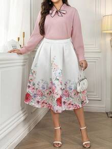 Ellevyn Multicolor Plus Size Woven Fabric Tie Neck Blouse And Plants Pattern Skirt Outfit - Multicolor - View 3