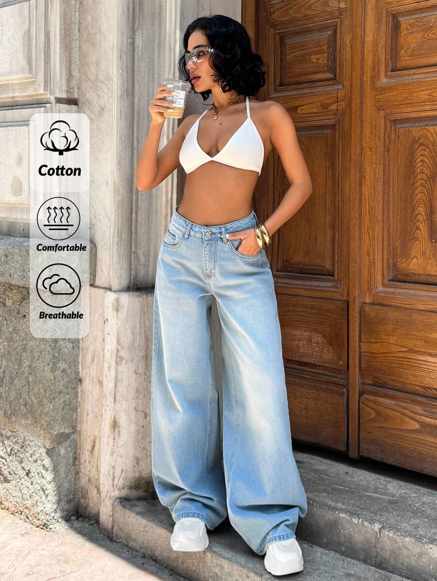EURMUSE Casual Versatile Washed Loose Fit Jeans Wide Leg Jeans Womens Jeans Denim Outfit Women Two Piece Outfit Women Jeans Outfit Women - Medium Wash - View 1