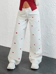 EURMUSE WOMEN WIDE LEG LOW WAIST HEART EMBROIDERY DETAIL JEANS - White - View 2