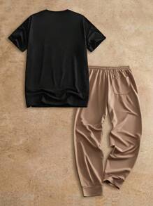 Manfinity BRENVOR 2pcs Men's Eagle Print Round Neck Short Sleeve T-Shirt And Letter Print Drawstring Waist Casual Pants Set - Camel - View 2