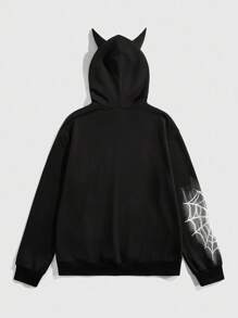 ROMWE MEN Anime Men's Fashion Spider Web Print Asymmetric Hoodie, Halloween - Black - View 8