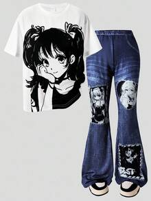 2pcs/Set Cartoon Girl Print Casual Minimalist Short Sleeve Top And Pants For Teen Girls - White - View 4