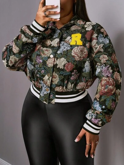 Slaydiva Chaqueta corta de béisbol de otoño con estampado floral de jacquard, de moda básica para uso social al aire libre, elegante, para fiesta, Día de la Independencia, graduación, casual de oficina, estilo casual de ciudad y resort, talla grande, estilo vintage occidental, otoño/invierno 2025