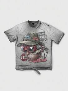 ROMWE MEN Grunge Punk Áo thun cổ tròn tay ngắn in họa tiết rách giặt cũ - Xám - Xem 3
