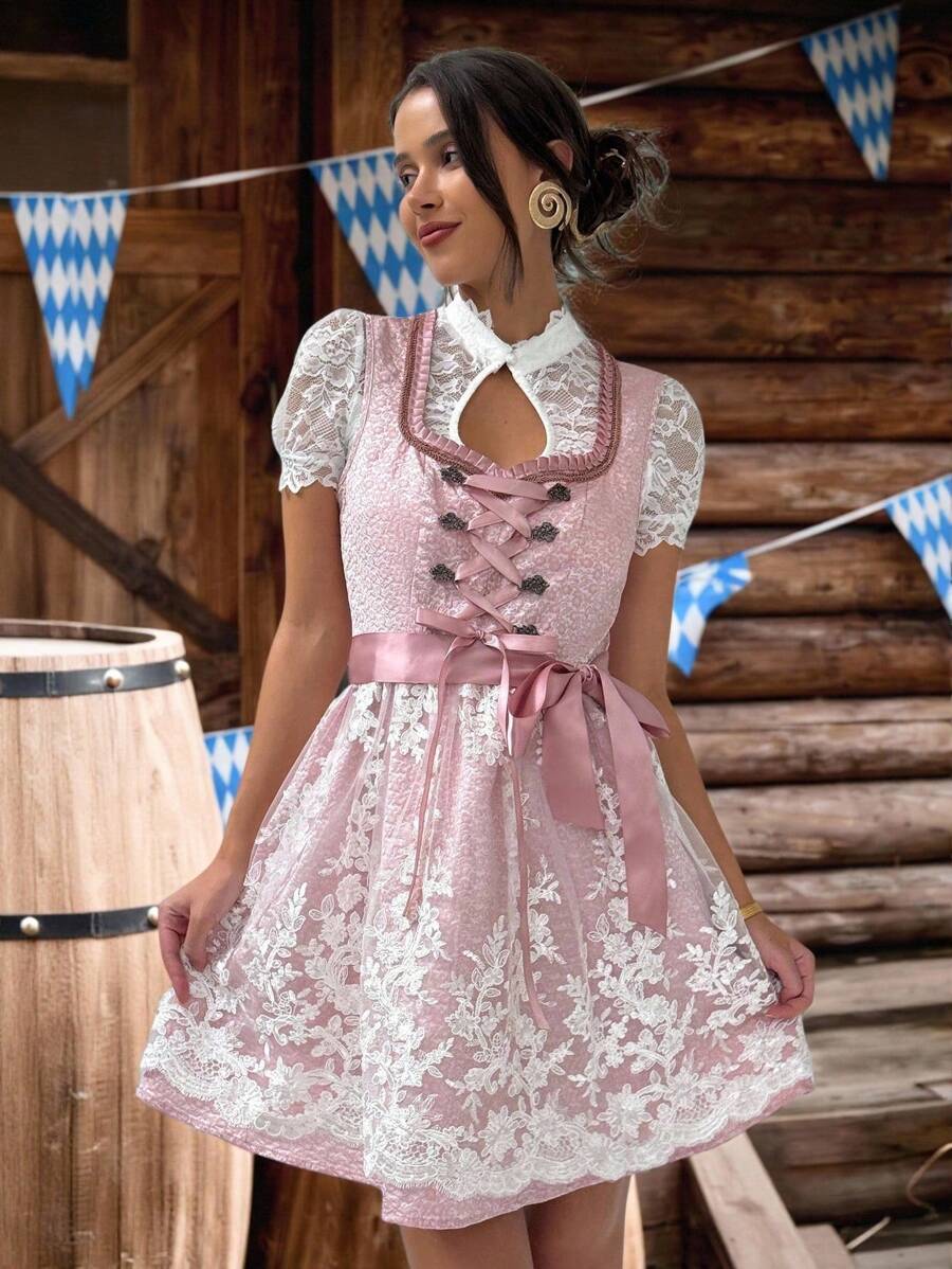 Aloruh 2025 新款啤酒节连衣裙巴伐利亚啤酒节传统服装粉色连衣裙女士蕾丝连衣裙啤酒节连衣裙女式波尔卡圆点印花拼布花卉刺绣网眼下摆无袖优雅连衣裙 - 粉色 - 查看 1