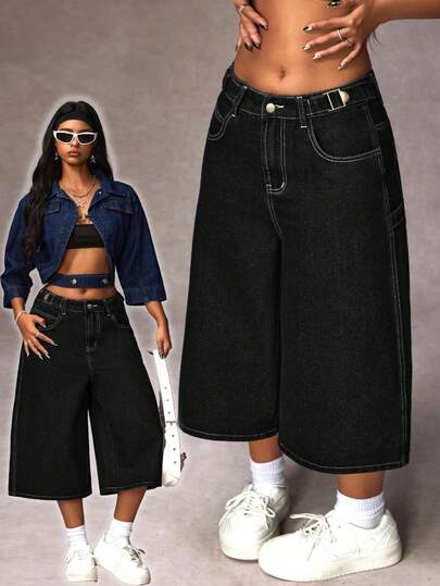 SHEIN EZwear 大码女式口袋宽松阔腿休闲百搭七分牛仔裤