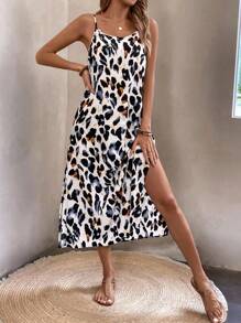 SHEIN Tall 女式夏季豹纹侧开衩休闲吊带连衣裙长款女装 - 彩色 - 查看 5