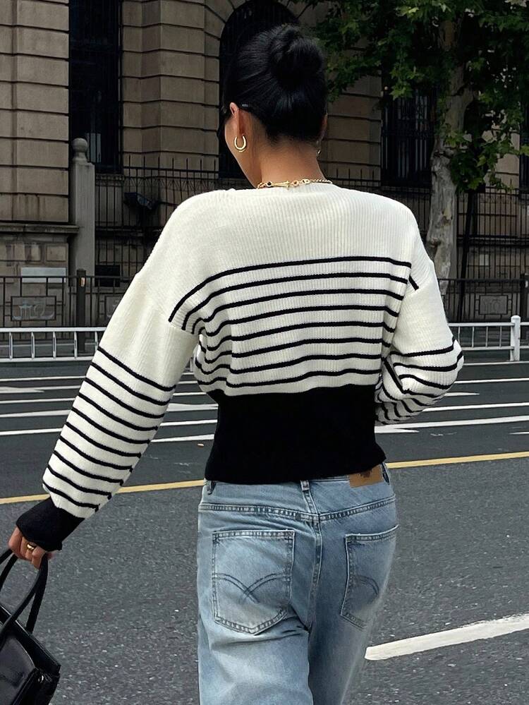 Contrast Striped Loose Crew Neck Long Sleeve Split Casual Street Knit Sweater For Women, Autumn/Winter