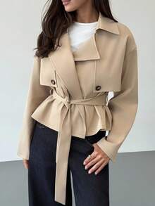 Aloruh Trench coat corto da donna con vita stretta, color cachi, versatile per l'autunno/inverno - Cachi - Visualizzare 6