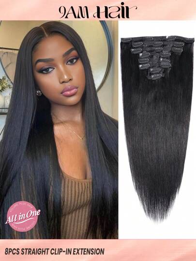 8 قطع تمديد شعر بشري طبيعي أسود ناعم مستقيم للاستخدام اليومي للنساء بشكل كليبس