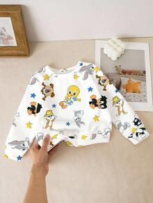 LOONEY TUNES X SHEIN Sudadera casual de niña bebé con estampado de dibujos animados y estrellas, para primavera/otoño - Blanco - Ver 6