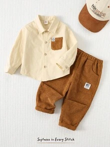 Cozy Pixies 男婴撞色口袋翻领长袖开衫和松紧腰裤套装，男婴灯芯绒裤，男婴灯芯绒套装，男婴秋季服装，棕色男婴服装，男婴亚麻衬衫（冬季款） - 彩色 - 查看 4