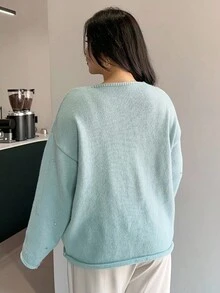Dazy Plus 水钻装饰纯色宽松 V 领套头毛衣，大码女式休闲春秋季 - 淺藍色 - 查看 2