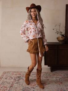 LanaWest 女式灯芯绒荷叶边口袋短裤 - 咖啡棕 - 查看 3