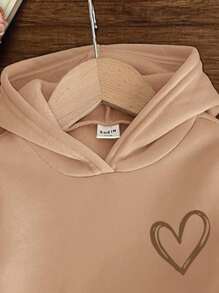 Baby Girl Cute Minimalist Hand-Drawn Heart Pattern Beige Knit Soft Hooded Loose Fit Long Sleeve Sweatshirt And Pants Set, Suitable For Autumn/Winter Fall - Khaki - View 3