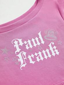 Paul Frank X ROMWE Women's Letter Print Asymmetric Collar Long Sleeve T-Shirt With Pocket - Pink - View 3