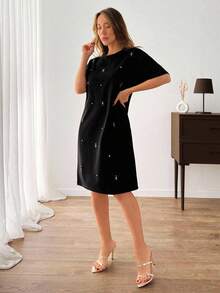 EURMUSE Vestido corto sudadera con detalles de bordado de strass para mujer - Negro - Ver 3