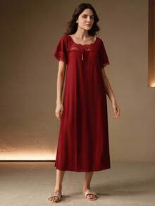 Anewsta Women's Ruffle Lace Loose Nightgown, Simple & Fashionable For Everyday Casual Wear - Burgundy - View 5