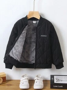 SHEIN Genkimix Kids 1 件年轻男孩休闲百搭黑色绗缝灰色羊毛菱形图案面料夹克，字母图案装饰，罗纹衣领、下摆和袖口，简约时尚个性化，适合 4-7 岁男孩日常秋冬休闲装返校 - 黑色 - 查看 7