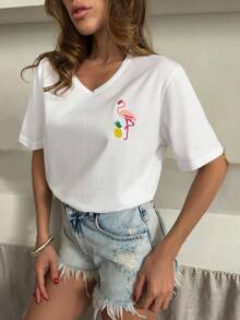 EURMUSE 女士火烈鸟和菠萝印花V领短袖休闲T恤 - 白色 - 查看 4