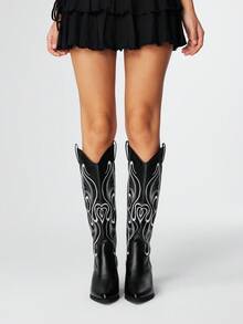 ROMWE Fairycore Damen Spitzschuh Plateau-Absatz Stickerei Western Cowboy Stiefel, Lederobermaterial, kniehohe Länge, Outdoor Mode, Herbst/Winter