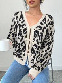 Elenzga 女式豹纹撞色蝴蝶结休闲灯笼袖V领开衫毛衣，秋冬女装