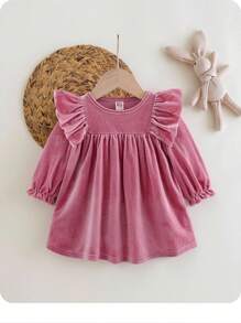 SHEIN 新生女婴优雅可爱天鹅绒荷叶边长袖连衣裙 - 淺粉色 - 查看 6