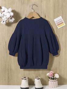 SHEIN Infant Casual Loose Long Sleeve Fluffy Sweater Dress Navy Baby Sweater Baby Girl Sweater Baby Solid Knit Sweater Baby Knitted Sweater Puffed Sleeve Baby Sweater Fall Winter - Navy Blue - View 2