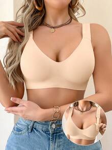 SHEIN 1 pieza Sujetador cómodo y casual de estilo minimalista, de unicolor, con costuras invisibles, tirantes ajustables, con soporte y almohadillas desmontables, sin aros para mujeres - Albaricoque - Ver 5