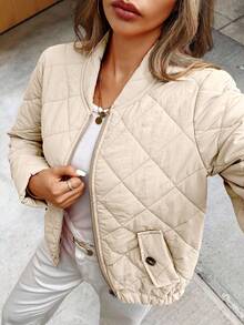 SHEIN Unity 女式纯色长袖拉链休闲棒球夹克，秋冬 - 杏色 - 查看 6