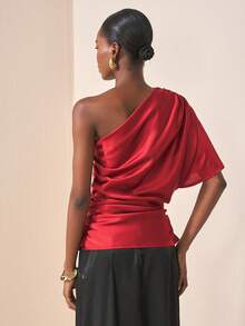 Zivah 20  Autumn/Winter New Styles For Birthday Parties, Back To School, Preppy Style, Student Wear, Everyday Outings, Basic And Versatile, Leisure, Vacation, Cruise, Beach, Seaside, Sunbathing, Influencer Hot Style, Street Style, Elegant, Commuter, Business Casual, One-Shoulder Asymmetrical Shoulder Mid-Length Sleeves, Side Gathering, Shiny Satin, Loose Fit, Reddish Brown, Summer Tops, Women's Tops And Shirts - Redwood - View 5