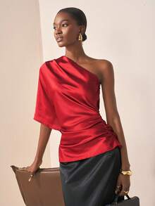 Zivah 20  Autumn/Winter New Styles For Birthday Parties, Back To School, Preppy Style, Student Wear, Everyday Outings, Basic And Versatile, Leisure, Vacation, Cruise, Beach, Seaside, Sunbathing, Influencer Hot Style, Street Style, Elegant, Commuter, Business Casual, One-Shoulder Asymmetrical Shoulder Mid-Length Sleeves, Side Gathering, Shiny Satin, Loose Fit, Reddish Brown, Summer Tops, Women's Tops And Shirts - Redwood - View 2