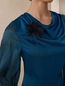 Graceveil Autumn Satin Shiny Patchwork Ruffle Collar Blue 3D Floral Decor Extra Long Dress Autumn Long Sleeve Maxi Dress Fall Cloth For Women - Blue - View 2