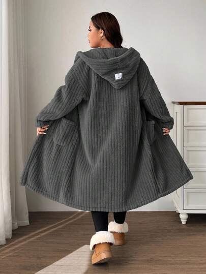 SHEIN EZwear Plus Size Dark Grey Reversible Fleece Jacket Winter Fall Autumn Winter Dress For Women Plus Size Hooded Dress