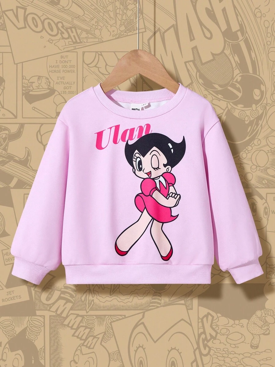 Astro Boy X SHEIN Sweat-shirt-shirt en tricot rose ample à manches longues avec épaules tombantes et motif graphique de personnage de dessin animé mignon pour jeune fille