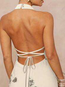 Lumalex 女式亮片刺绣立领腰部修身露背系带开衩连衣裙 - 杏色 - 查看 2