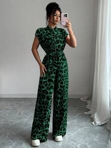 Chiquease Women's Elegant Stand Collar Open Front Short Sleeve Cinched Waist Wide Leg Jumpsuit Leopard Print Jumpsuit Green Jumpsuit Casual Jumpsuit Women Jumpsuit Green Leopard Jumpsuit